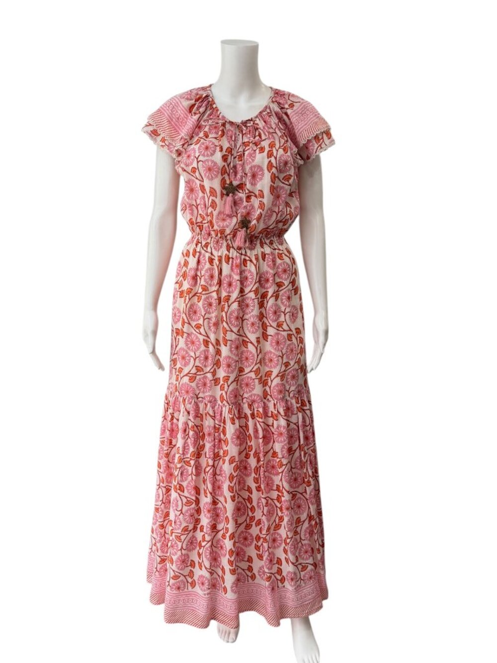 $358 Alicia Bell Pink Floral Maxi Cotton Silk Flutter Sleeve Dress size Small